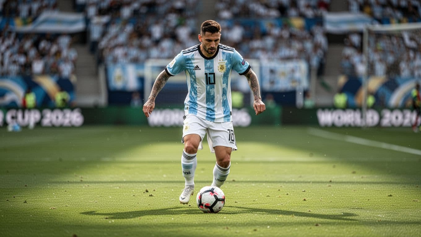 Seorang pesepak bola mengenakan seragam biru putih khas Argentina sedang menggiring bola dengan terampil di tengah lapangan rumput yang luas. Cahaya terang menyinari arena pertandingan dengan intensitas penuh dan suasana kompetitif.