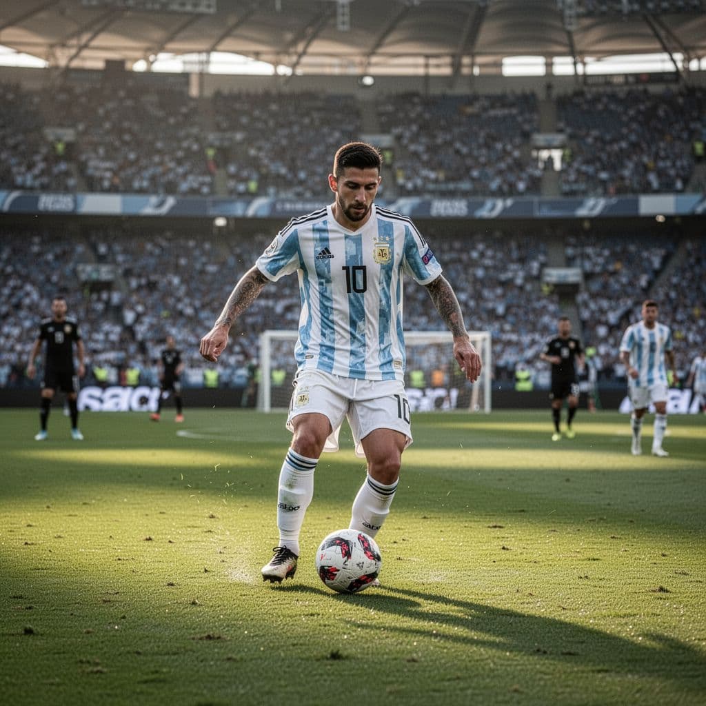 Seorang pemain sepak bola tim nasional Argentina sedang mengendalikan bola dengan terampil di tengah lapangan hijau yang luas. Lampu stadion yang terang menyinari rumput saat pertandingan kompetitif melawan timnas Yordania berlangsung.