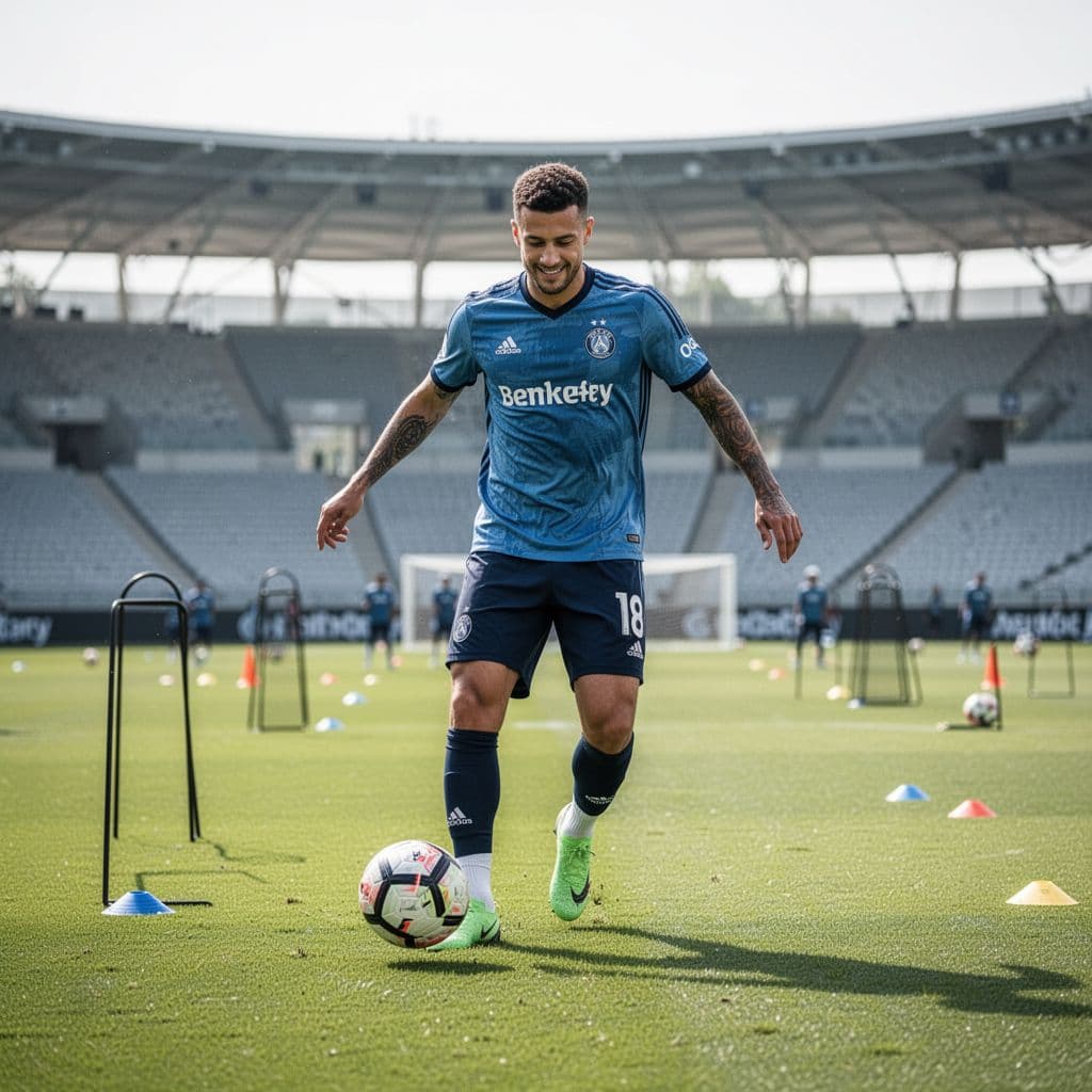 Seorang pemain sepak bola berlari di lapangan rumput hijau terang dengan fokus penuh saat menendang bola. Di latar belakang, siluet stadion modern terlihat samar di bawah sinar matahari siang yang cerah.