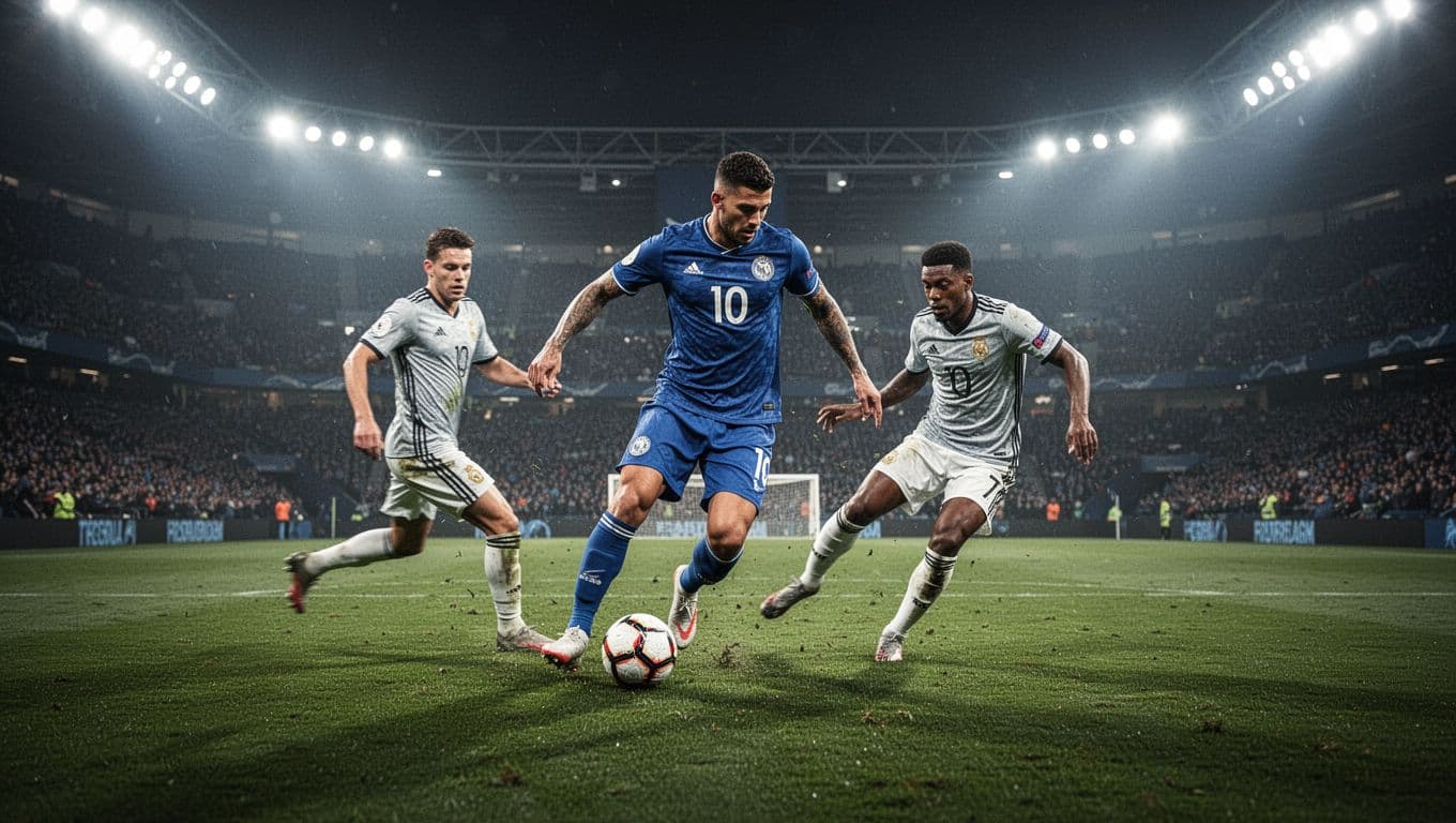 Seorang atlet dengan seragam biru sedang mendribel bola melewati pemain lawan di lapangan rumput hijau yang subur. Pencahayaan stadion yang intens menciptakan suasana sinematik di tengah pertandingan sepak bola yang sangat kompetitif.