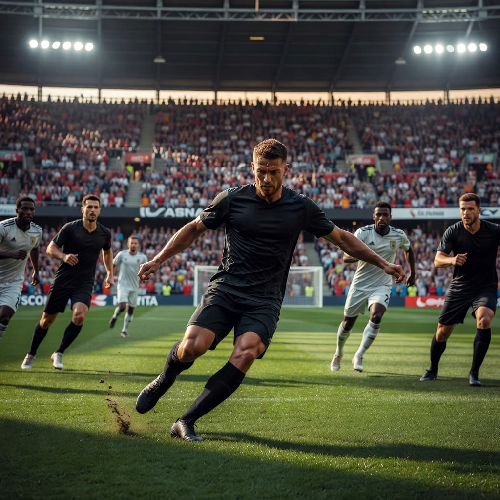 Seorang atlet sepak bola berdiri di tengah lapangan rumput hijau yang luas saat pertandingan krusial. Ekspresi wajahnya menunjukkan konsentrasi mendalam di tengah kemeriahan penonton yang memenuhi tribun stadion yang sangat megah.