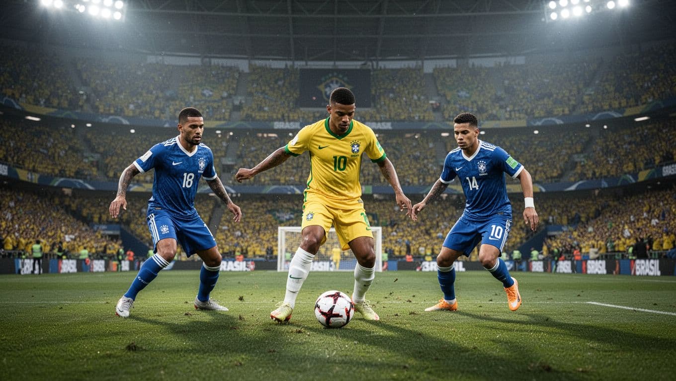 Pemain Brasil berkostum kuning menggiring bola di tengah lapangan stadion megah, dihadang oleh dua atlet Jepang berbaju biru. Latar belakang menunjukkan tribun penonton yang penuh sesak dalam suasana pertandingan yang intens.