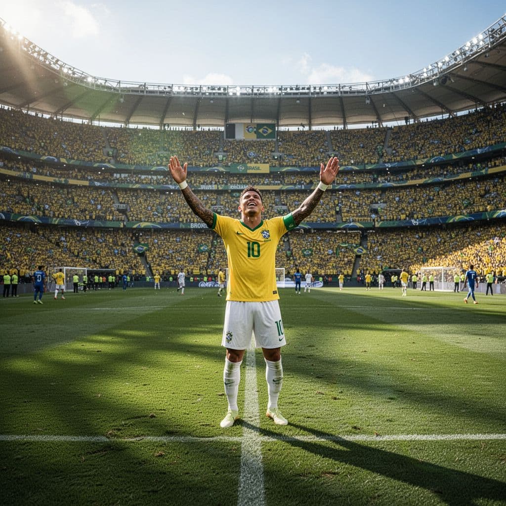 Seorang pesepak bola asal Brasil berselebrasi di tengah lapangan hijau stadion megah setelah memastikan kemenangan. Penonton yang memadati tribun latar belakang memberikan dukungan penuh bagi sang atlet yang sedang bereuforia.