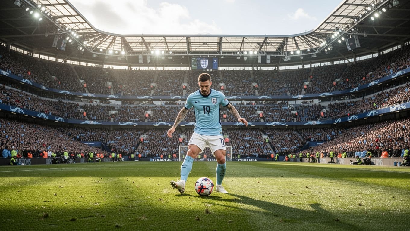 Seorang pesepak bola mengenakan seragam tim nasional Inggris sedang menggiring bola di tengah lapangan rumput stadion megah. Ribuan penonton terlihat memenuhi tribun stadion yang diterangi cahaya matahari cerah dengan sudut pandang luas.