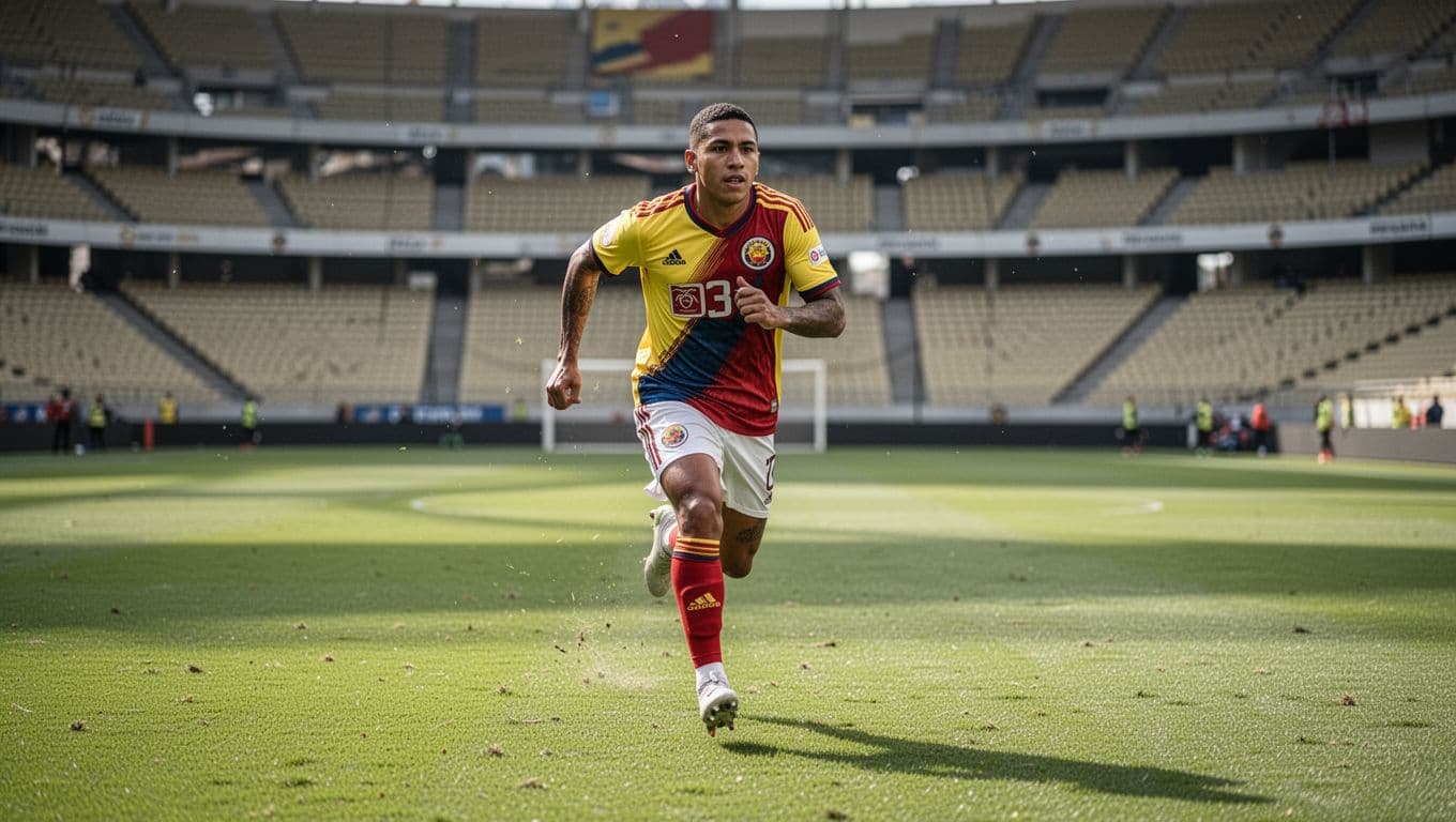 Seorang pesepak bola profesional asal Kolombia berlari penuh semangat di atas hamparan rumput stadion hijau yang cerah. Wajahnya menunjukkan fokus intens saat ia bermanuver melewati area lapangan yang tersinari cahaya matahari.