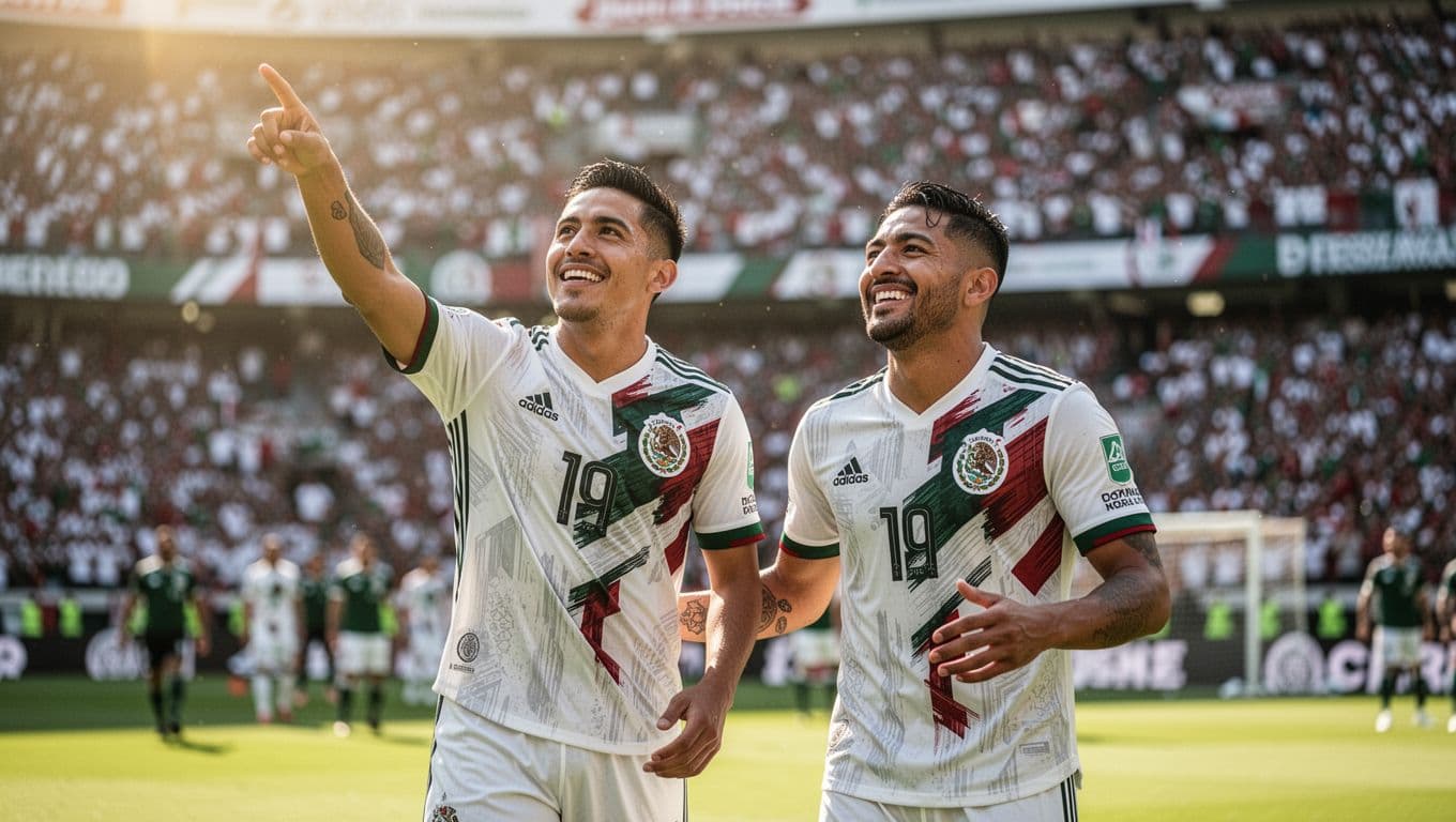 Dua pesepak bola Meksiko merayakan gol di tengah lapangan stadion profesional yang cerah. Seorang pemain menunjuk ke arah langit sementara rekan setimnya tersenyum lebar dengan latar belakang penonton yang tampak kabur.