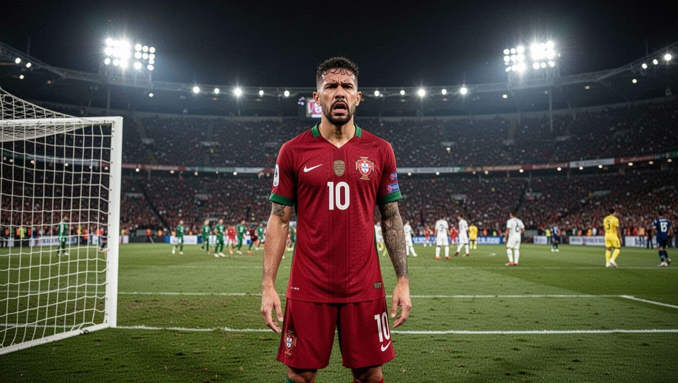 Seorang atlet sepak bola asal Portugal terlihat tertunduk lesu di tengah kotak penalti saat pertandingan malam hari. Cahaya lampu stadion menyorot tajam ke arah wajahnya yang penuh kekecewaan akibat peluang gol terbuang.