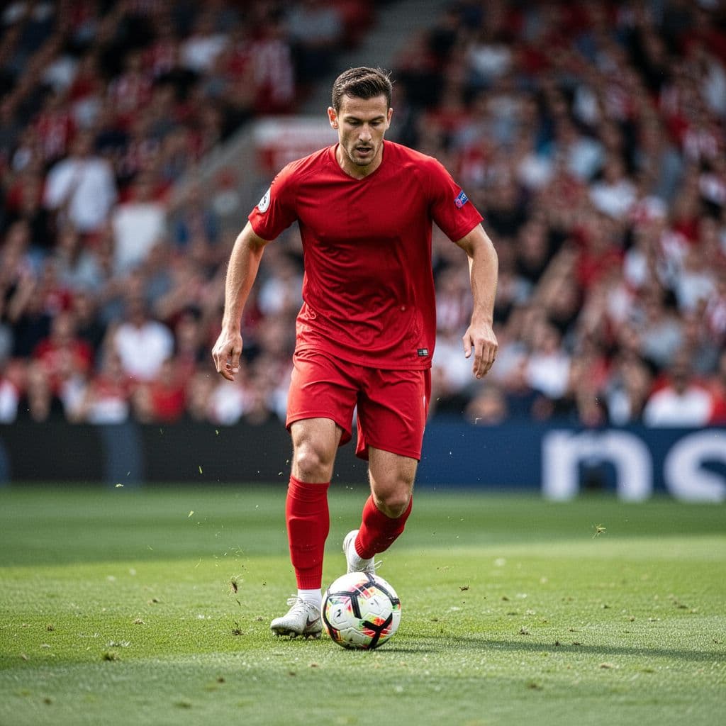 Seorang atlet sepak bola mengenakan jersey merah sedang menggiring bola di atas lapangan rumput hijau yang terawat. Latar belakang stadion yang ramai terlihat kabur di bawah cahaya matahari siang yang cerah.