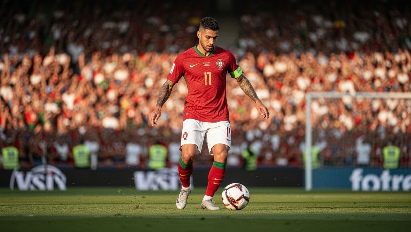 Seorang pemain tim nasional Portugal sedang menggiring bola di lapangan hijau yang ramai dengan penonton stadion. Pencahayaan matahari sore memberikan kesan dramatis pada fokus aksi pemain di tengah lapangan.