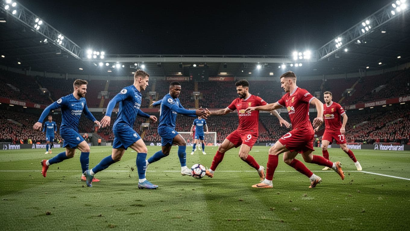 Para pemain timnas Portugal melakukan operan bola cepat di atas lapangan rumput hijau stadion saat malam hari. Lampu sorot stadion yang terang menciptakan bayangan tajam di area permainan yang kosong.