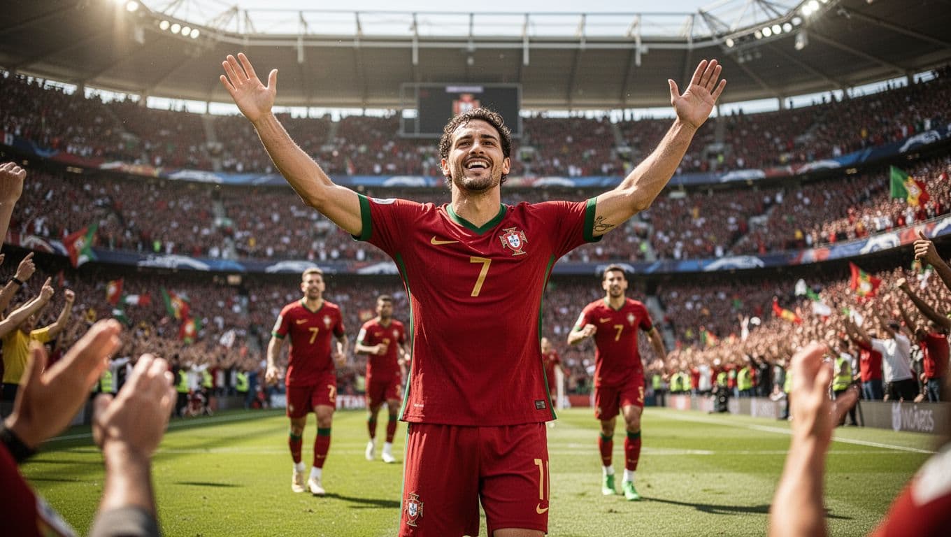 Seorang pesepak bola mengenakan jersey merah timnas Portugal berlari dengan ekspresi sangat bahagia di tengah lapangan. Rekan setimnya mendekat di latar belakang stadion yang dipenuhi oleh ribuan penonton saat pertandingan siang.