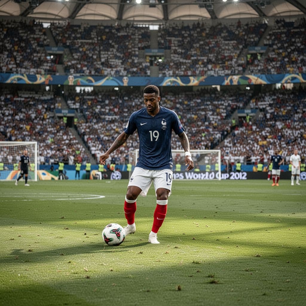 Seorang pemain tim nasional Prancis dengan seragam biru tetap tenang menguasai bola di tengah lapangan hijau yang luas. Pencahayaan alami stadion menyoroti konsentrasi tinggi pemain tersebut saat menyusun strategi serangan.