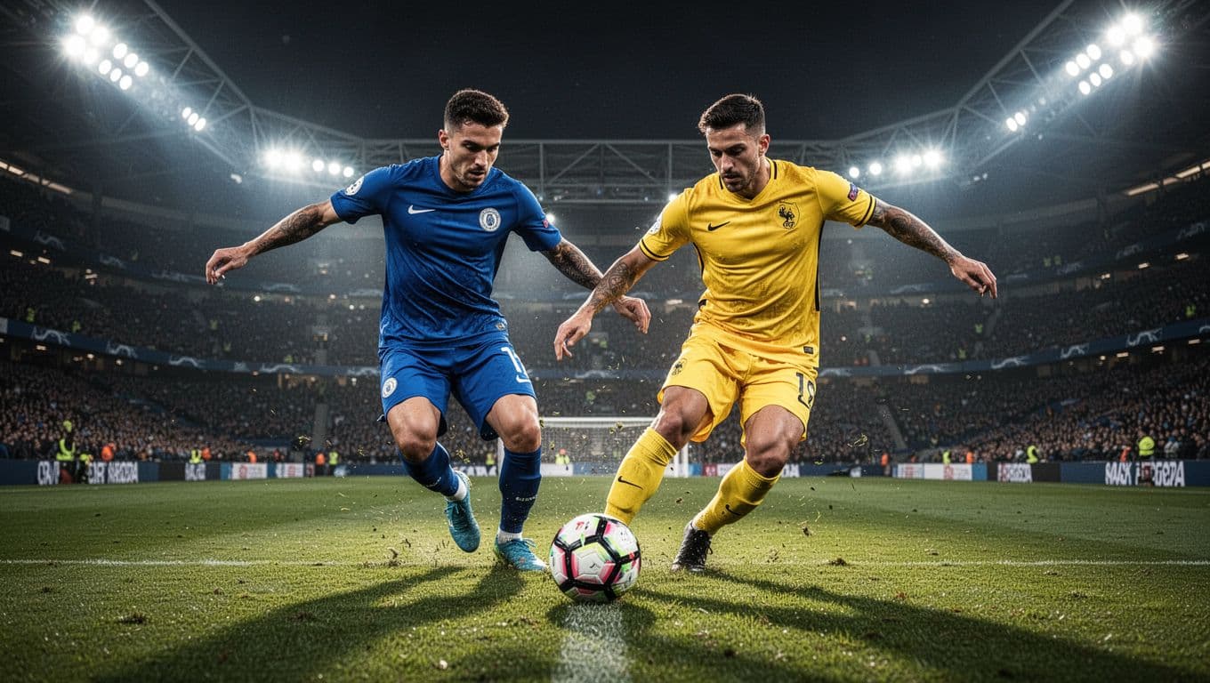 Seorang pemain berkostum biru dan pemain berbaju kuning sedang berebut bola di tengah lapangan stadion besar. Cahaya lampu sorot yang terang menyinari aksi intens kedua atlet di atas rumput hijau.