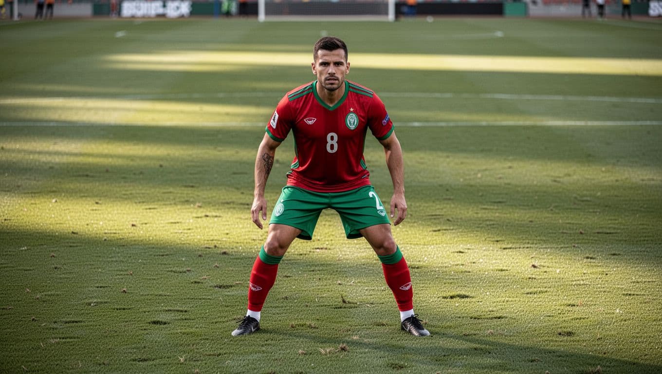 Seorang atlet sepak bola mengenakan seragam merah dan hijau berdiri dengan postur siaga di atas lapangan rumput hijau yang luas. Fokus kamera tertuju pada ketenangan dan posisi tubuhnya yang disiplin.