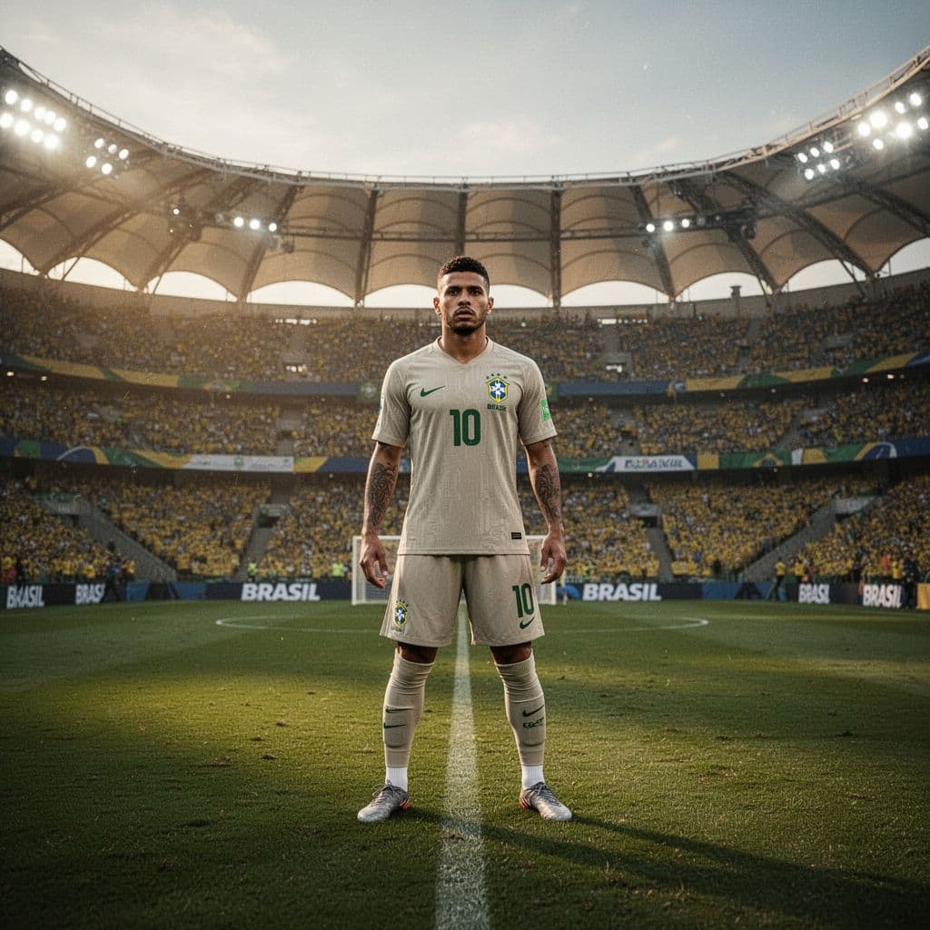 Seorang pemain sepak bola Brasil berdiri di tengah lapangan stadion yang megah dengan pencahayaan sinematik yang tajam. Ekspresi wajahnya yang sangat fokus menunjukkan konsentrasi penuh sebelum memulai pertandingan besar tersebut.