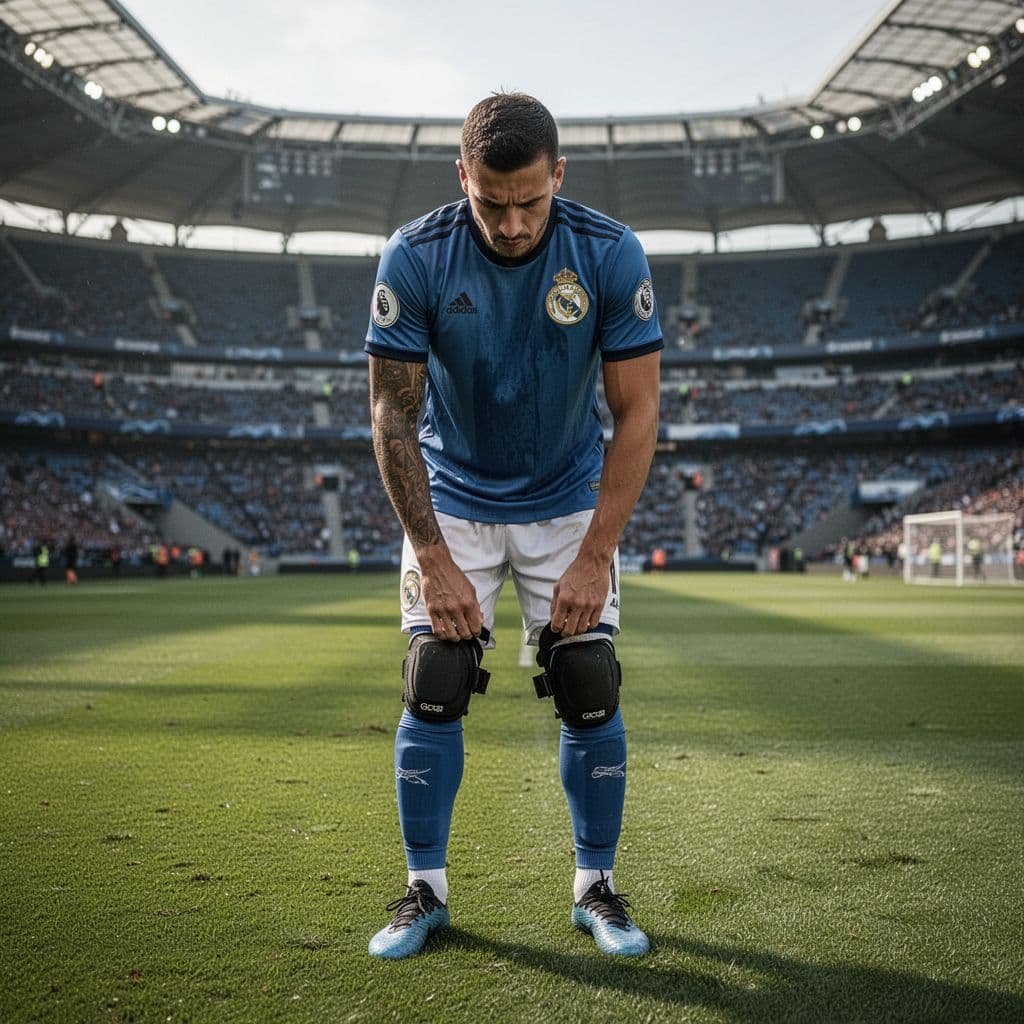 Seorang atlet sepak bola berdiri di tengah lapangan hijau stadion luas, menunjukkan ekspresi wajah yang sangat konsentrasi. Pencahayaan alami menonjolkan otot wajah dan postur tubuhnya yang siap berlaga dalam pertandingan internasional besar.