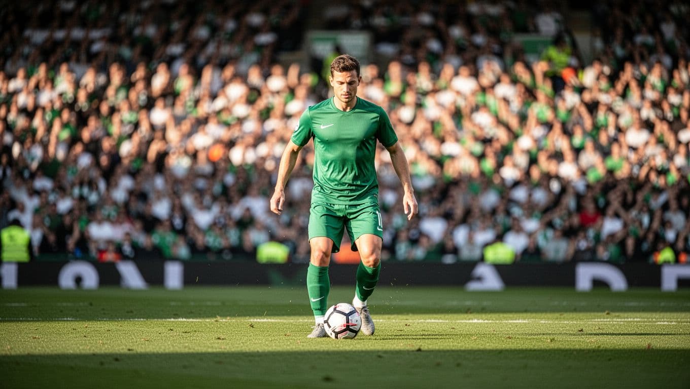 Seorang atlet berbaju hijau mengontrol bola di tengah stadion yang ramai. Pencahayaan sore hari menyinari pergerakannya dengan latar belakang penonton yang tampak samar di balik fokus kamera yang sangat tajam.