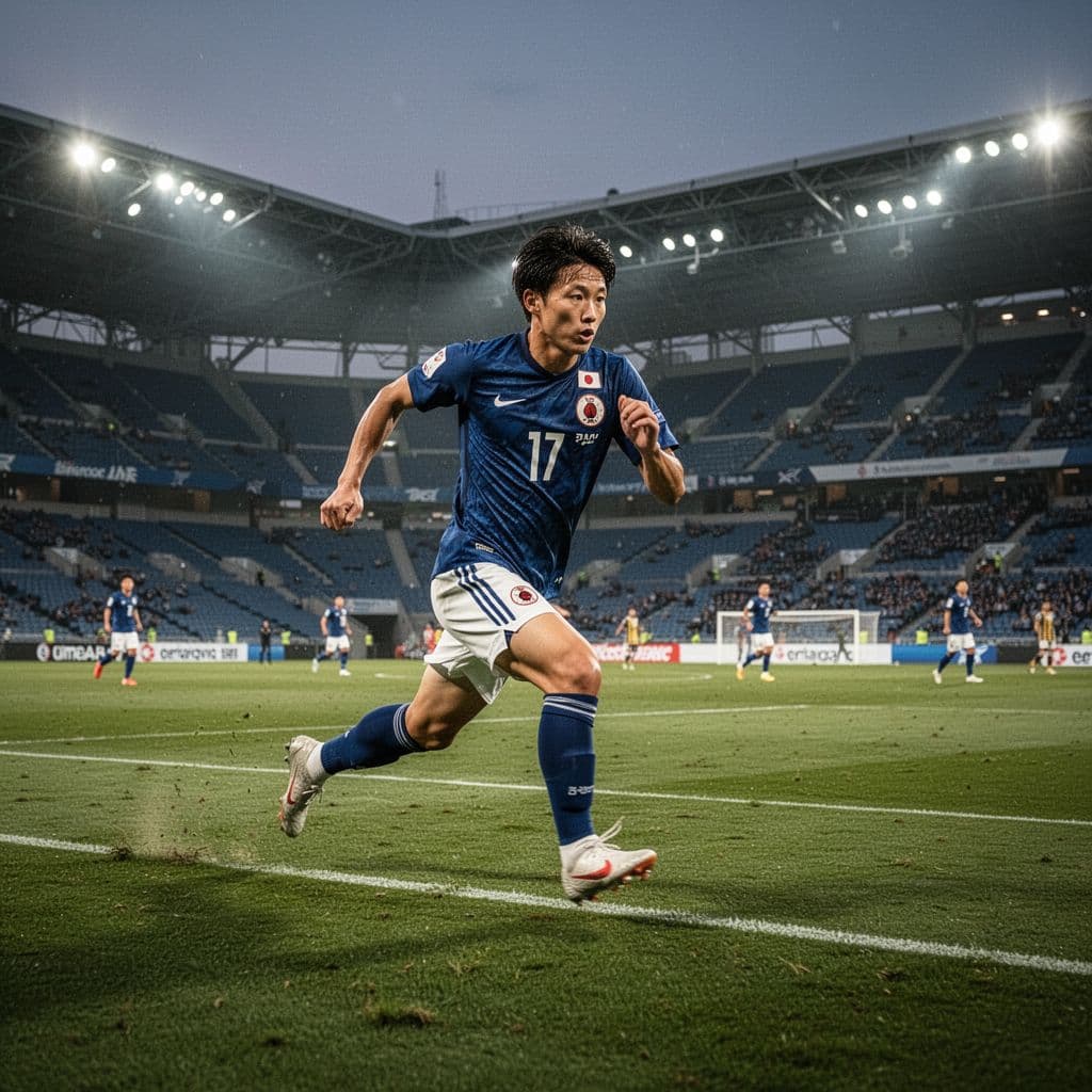 Seorang pemain timnas Jepang berlari cepat dengan jersey biru di lapangan rumput hijau stadion profesional. Cahaya lampu sore yang lembut menyoroti otot dan ekspresi wajahnya saat mengejar bola dalam pertandingan.