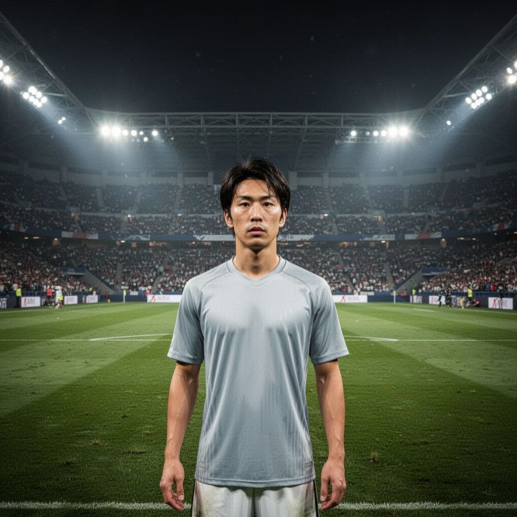 Seorang pemain sepak bola Jepang yang berfokus berdiri di tengah lapangan hijau stadion yang luas. Cahaya sinematik menyoroti seragamnya yang bersih saat ia bersiap menghadapi pertandingan penting di bawah langit stadion.
