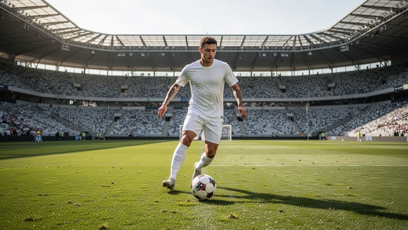 Seorang atlet sepak bola mengenakan seragam putih tim nasional Jerman sedang berlari cepat menggiring bola di atas lapangan rumput hijau yang sangat luas. Di kejauhan, kemegahan stadion terlihat dengan jelas.