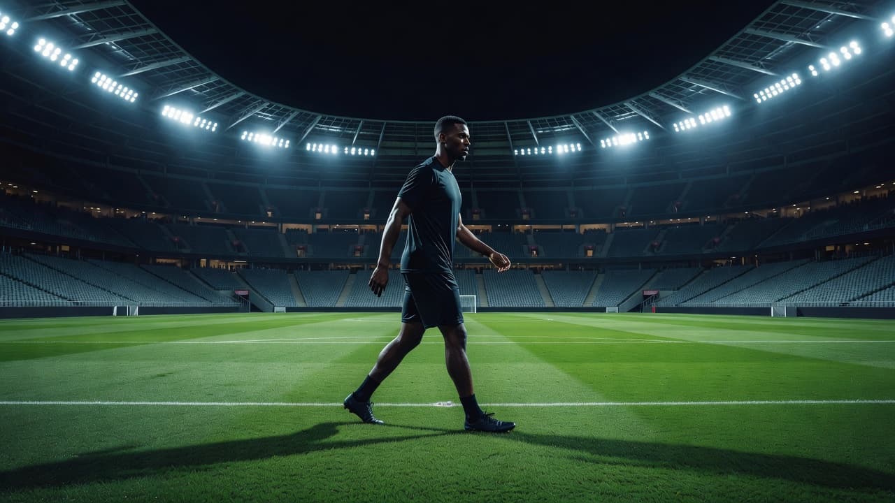 Seorang atlet sepak bola berjalan memasuki lapangan hijau yang rapi di stadion modern. Lampu sorot yang terang menerangi profil samping pemain saat ia bersiap memulai pertandingan di tengah stadion besar.