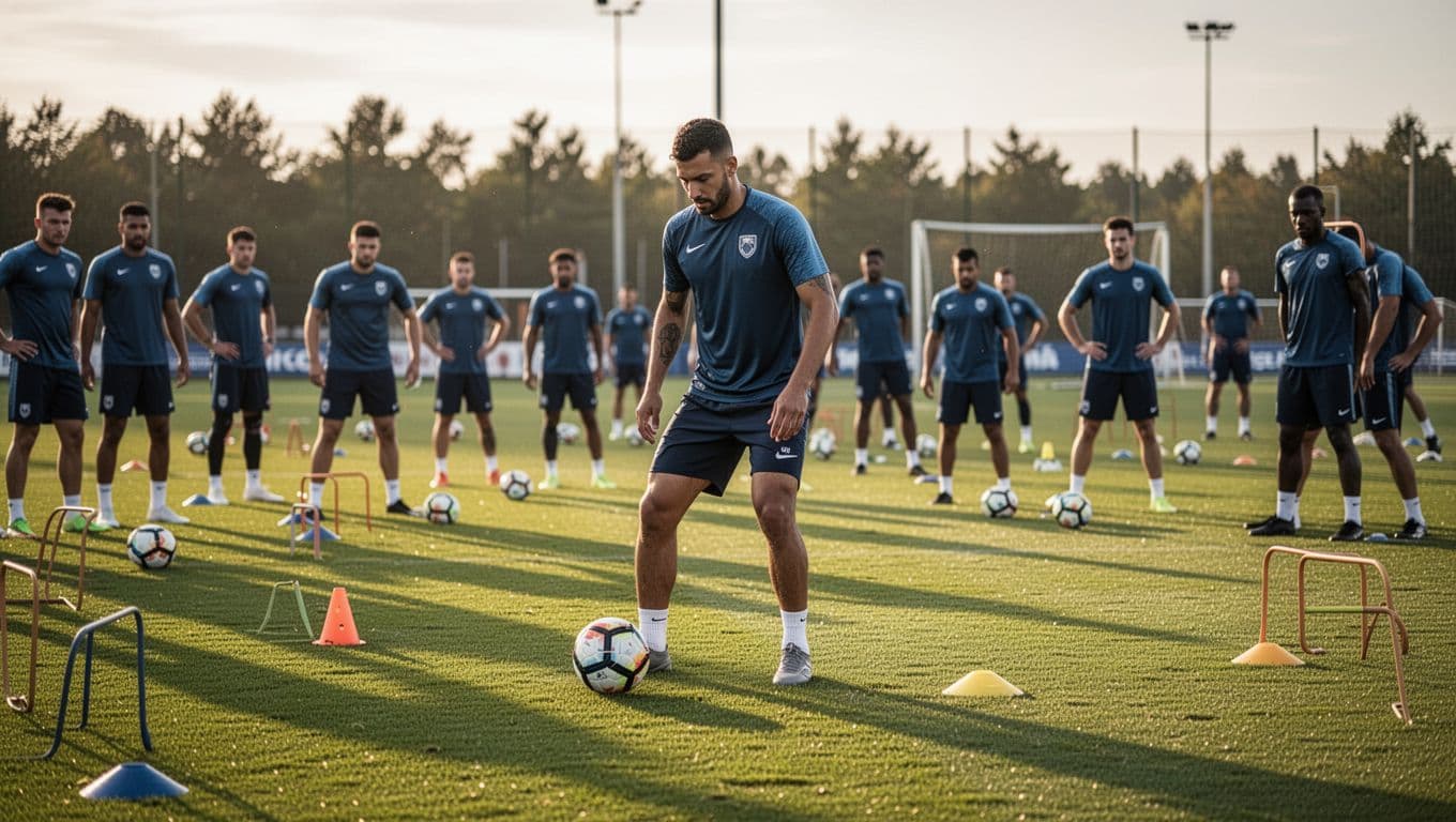 Seorang pemain sepak bola berdiri tegak di lapangan rumput hijau saat sesi latihan sore hari. Cahaya matahari keemasan menyinari wajahnya yang menunjukkan ekspresi fokus mendalam sebelum pertandingan besar dimulai.