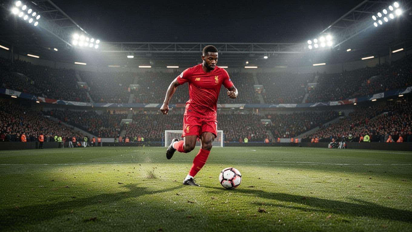 Seorang pemain sepak bola mengenakan jersey berwarna merah sedang menggiring bola dengan cepat di atas lapangan rumput hijau yang luas. Lampu stadion yang terang bersinar di latar belakang suasana pertandingan malam.