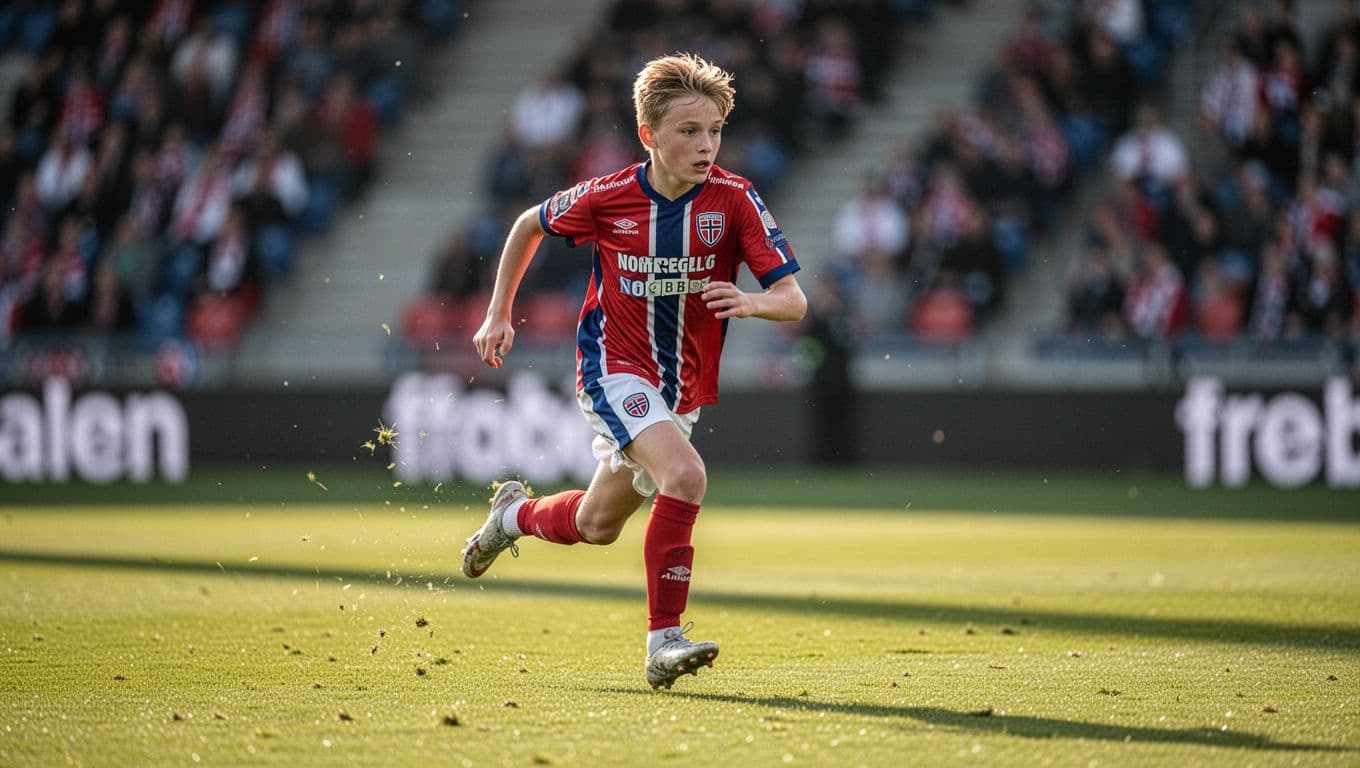 Seorang pemain sepak bola mengenakan seragam Norwegia berlari cepat di lapangan rumput hijau. Latar belakang stadion yang tidak fokus memperlihatkan pencahayaan sore alami yang hangat menyoroti gerakan atletis sang pemain.
