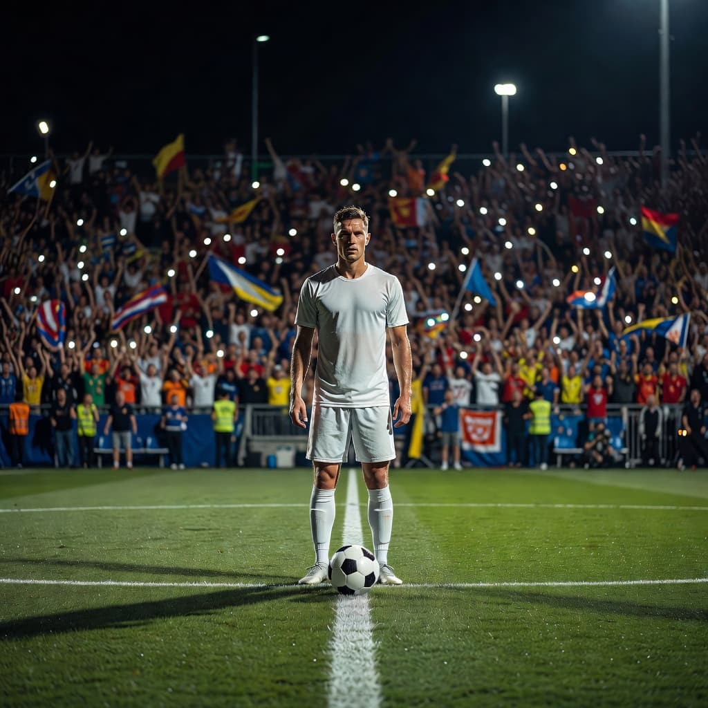 Seorang pemain sepak bola berdiri fokus di titik putih dengan bola di depannya. Stadion yang megah dengan lampu sorot terang menciptakan bayangan dramatis pada wajah pemain yang terlihat sangat konsentrasi.