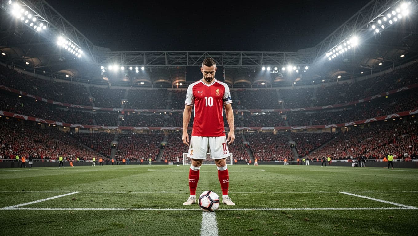 Seorang pemain mengenakan seragam merah putih berdiri tenang di titik penalti. Stadion megah terlihat berpendar di malam hari dengan sorotan lampu terang yang menyinari lapangan hijau serta tribun penonton yang luas.