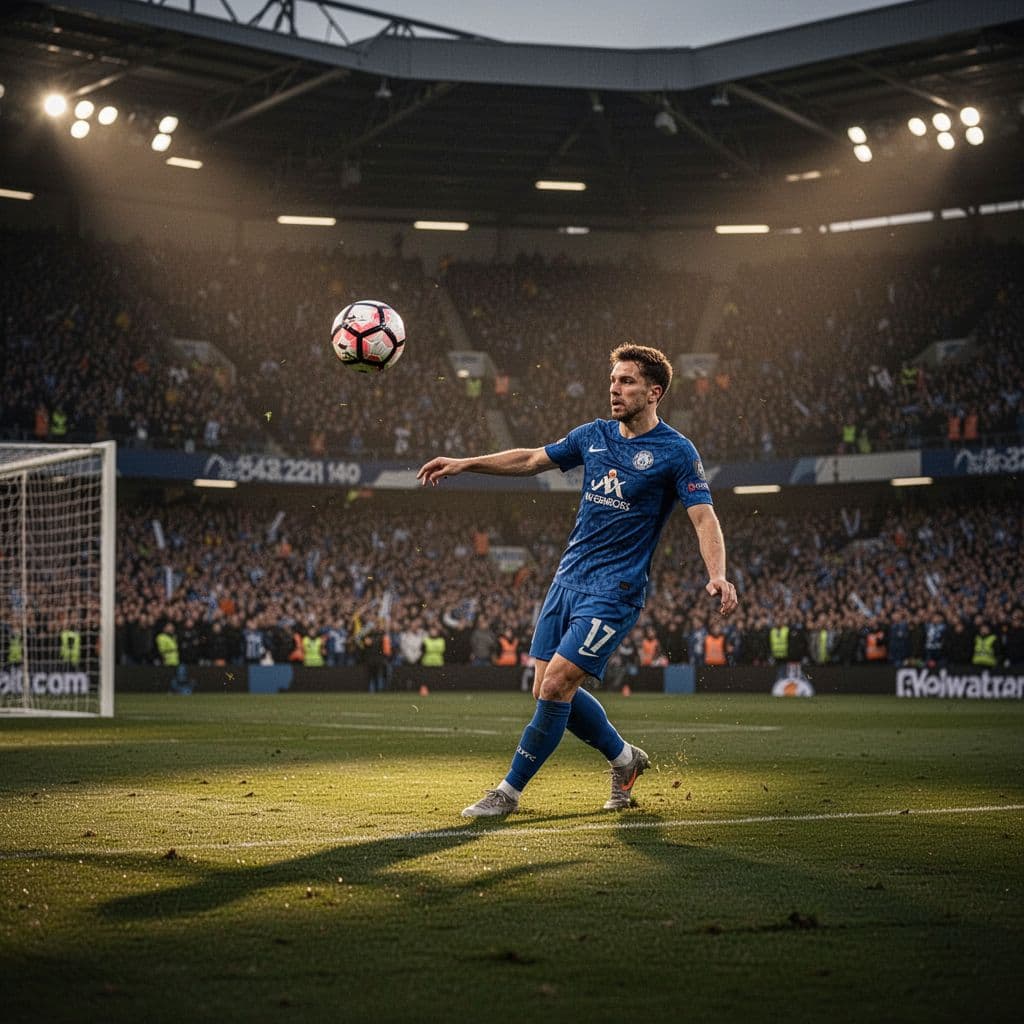 Seorang pemain pria berseragam biru Prancis melakukan tendangan bola akurat ke arah gawang di tengah stadion besar. Latar belakang penonton yang ramai terlihat samar di bawah pencahayaan sore yang sangat dramatis.