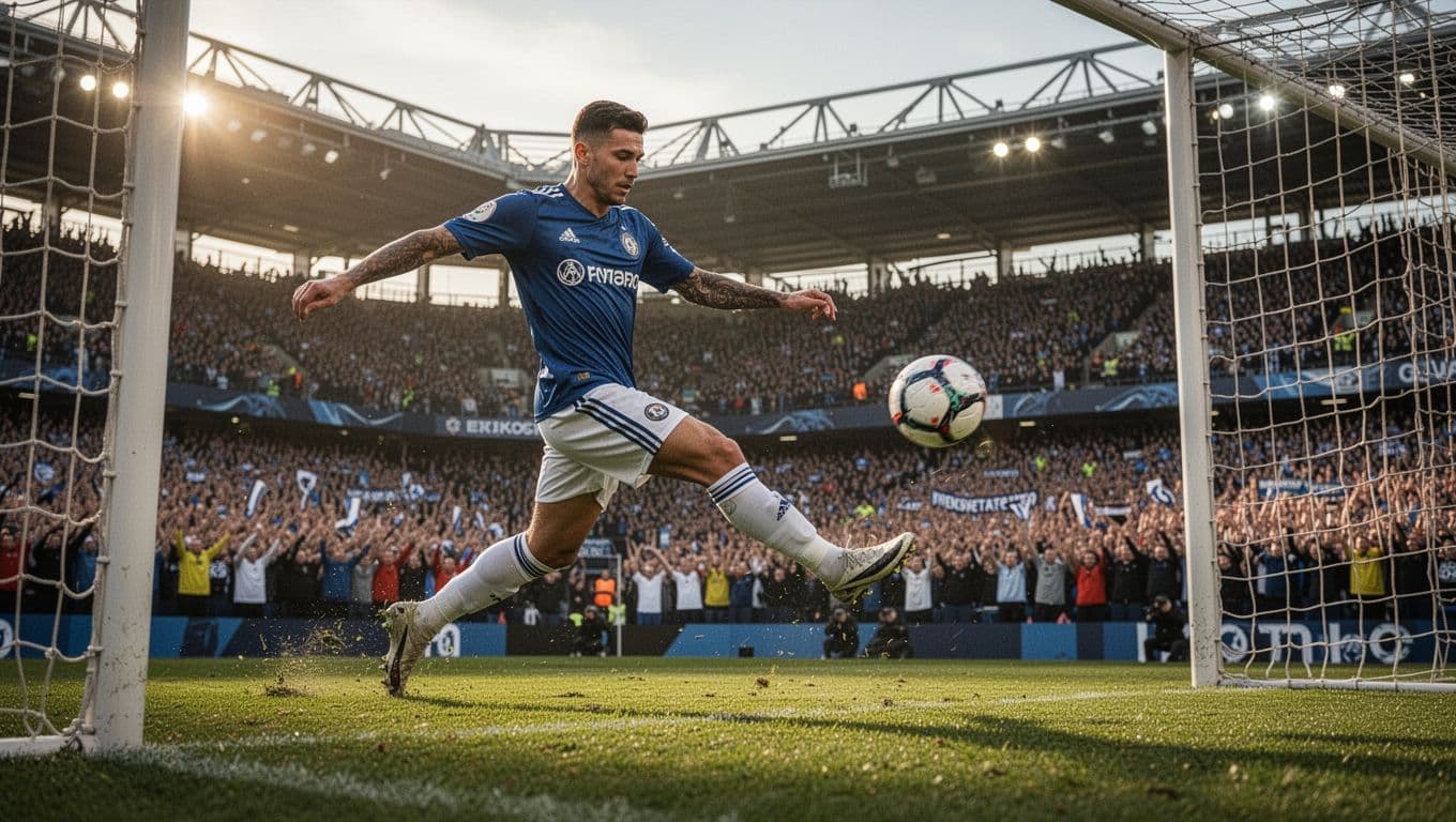 Seorang pemain sepak bola melakukan tendangan akurat ke arah gawang di tengah stadion yang dipadati penonton. Cahaya sore yang hangat menyoroti aksi pemain tersebut dari sudut pandang kamera yang sangat rendah.