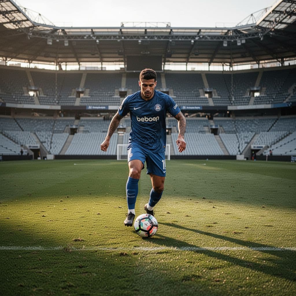 Seorang pemain sepak bola dengan seragam tim menggiring bola di tengah lapangan hijau yang luas. Pencahayaan sore hari menyinari aksinya yang penuh konsentrasi selama pertandingan kompetitif berlangsung dengan sangat sengit.