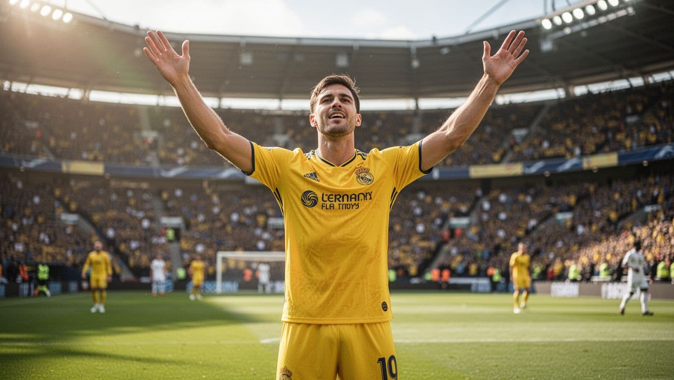 Seorang pemain sepak bola mengenakan jersey kuning cerah merayakan gol di tengah lapangan hijau stadion. Latar belakang penonton yang kabur menciptakan suasana pertandingan yang sangat intens dan penuh dengan energi positif.
