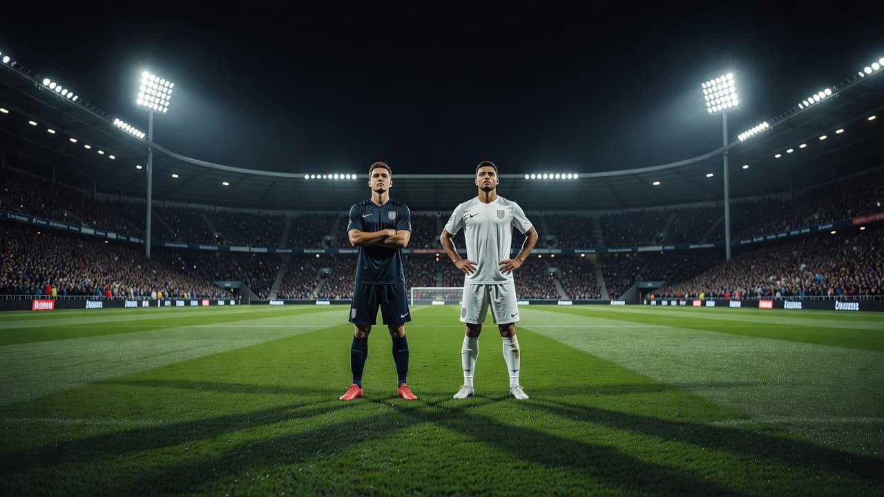 Dua pesepak bola profesional berdiri bersisian di tengah lapangan stadion luas di bawah sorotan lampu stadion saat malam hari. Keduanya tampak tenang dan fokus menatap ke depan sebelum pertandingan dimulai.