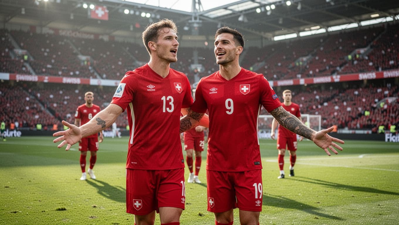 Dua pesepak bola mengenakan seragam merah merayakan gol di tengah lapangan rumput stadion hijau. Mereka menunjukkan ekspresi gembira dengan tangan terbuka, sementara seorang rekan setim lainnya terlihat di latar belakang lapangan.