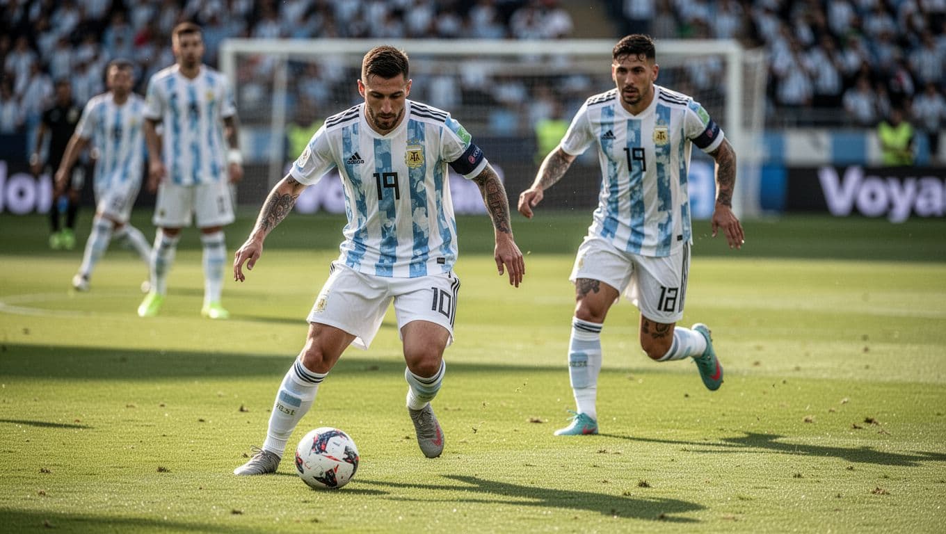 Pemain timnas Argentina dalam seragam putih biru menggiring bola di lapangan hijau yang cerah. Rekan satu tim berlari di latar belakang untuk memberikan dukungan posisi strategis dalam pola serangan yang sangat dinamis.