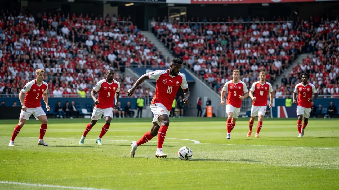 Seorang pemain tim nasional Swiss mengenakan seragam merah putih berlari membawa bola menuju kotak penalti lawan di lapangan hijau. Stadion yang penuh penonton memberikan suasana kompetisi yang sangat intens di siang hari.