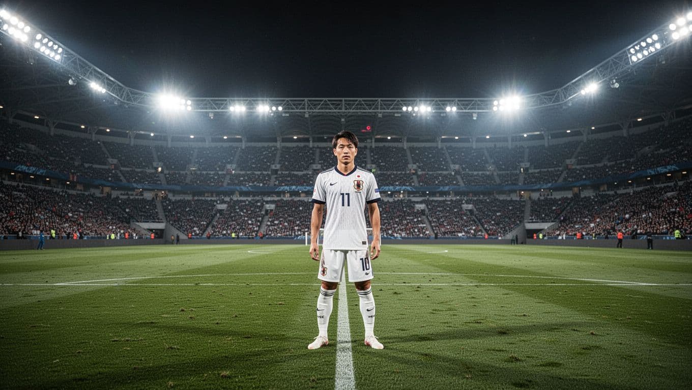 Seorang atlet sepak bola berdiri sendirian di tengah lapangan hijau setelah pertandingan malam hari yang sengit. Stadion megah di sekelilingnya bersinar terang oleh lampu sorot yang menciptakan bayangan dramatis di lapangan.