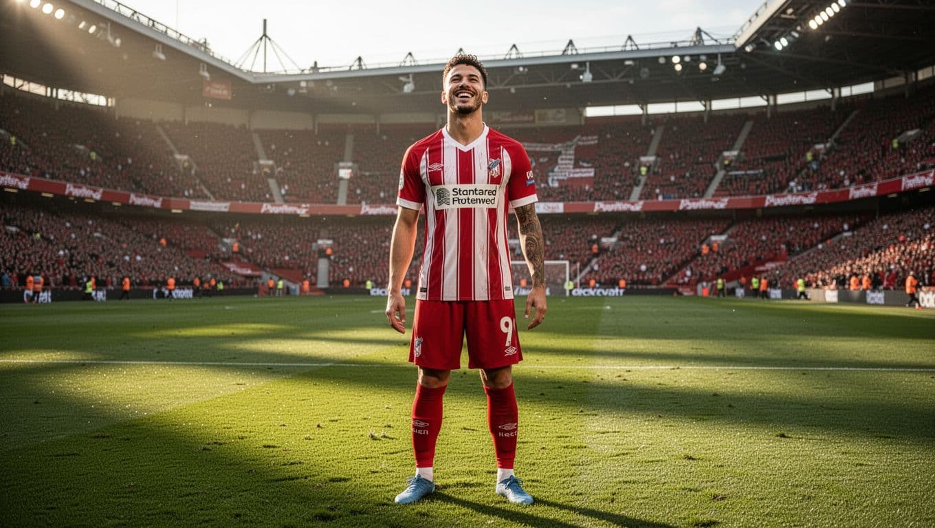 Seorang pesepak bola mengenakan seragam kotak-kotak merah putih berdiri dengan bangga di atas rumput stadion hijau. Cahaya matahari sore yang hangat menyoroti ekspresi wajahnya yang terlihat sangat optimis dan penuh semangat.