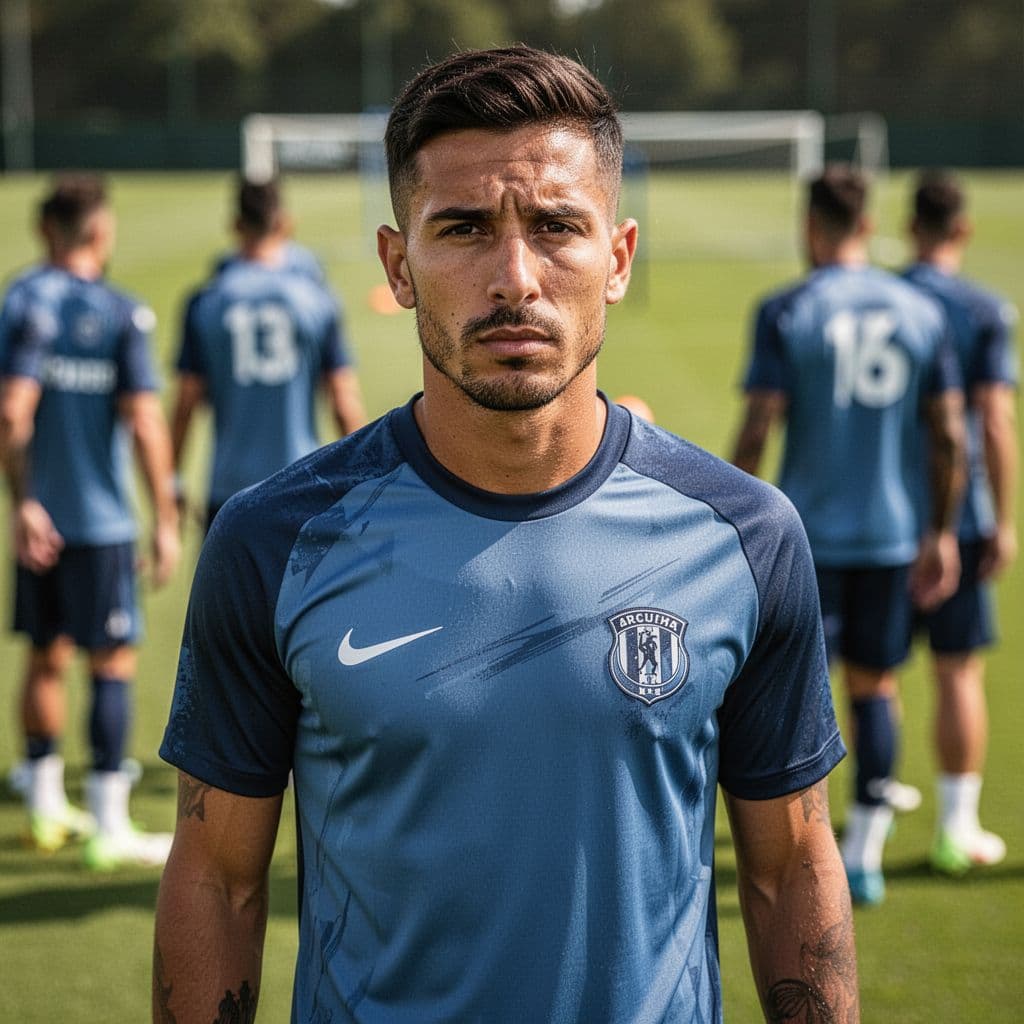 Seorang pemain sepak bola profesional tim nasional Spanyol tampak serius dengan ekspresi fokus di lapangan hijau. Latar belakang rekan timnya sengaja dibuat buram untuk menonjolkan konsentrasi intens sang atlet selama sesi latihan.