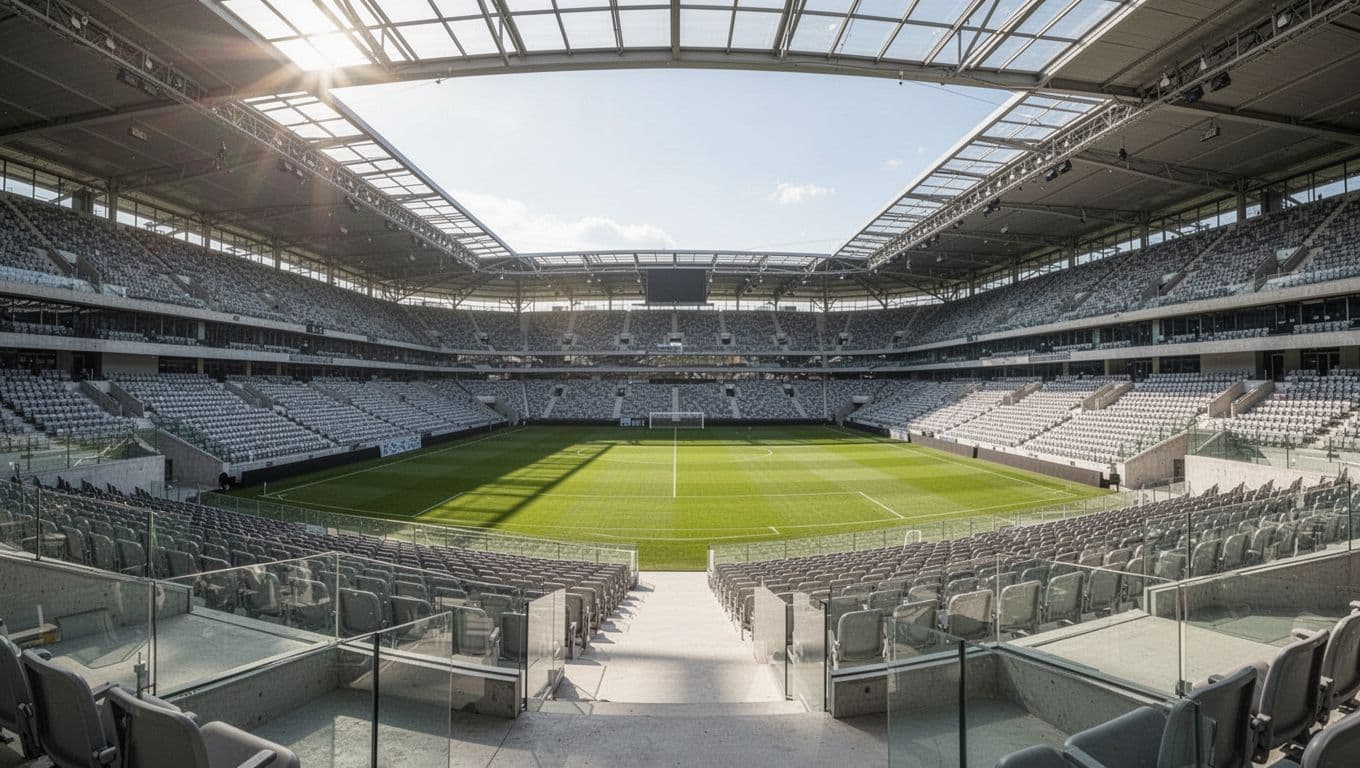 Barisan kursi penonton yang kosong memenuhi tribun stadion megah di bawah sinar matahari cerah. Langit biru terlihat jelas melalui atap terbuka, memberikan pencahayaan alami yang luas ke seluruh area lapangan hijau.