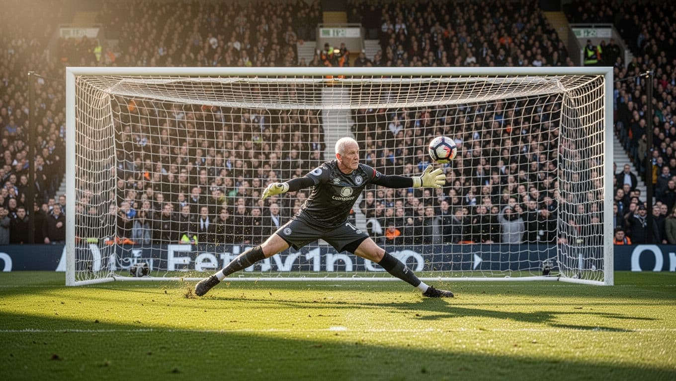 Seorang kiper veteran mengenakan seragam timnas Cabo Verde melompat melakukan penyelamatan krusial di depan gawang. Stadion megah yang dipenuhi penonton menjadi latar belakang dalam pencahayaan sore hari yang sangat cerah dan hangat.