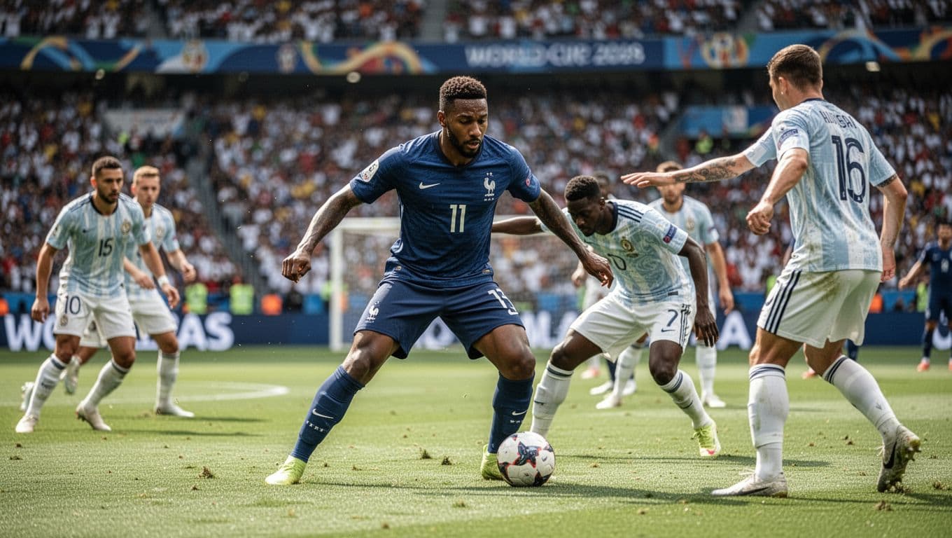 Seorang pemain timnas Prancis menggiring bola dengan cepat melewati barisan bek Norwegia di tengah lapangan stadion besar. Rumput hijau terlihat kontras di bawah cahaya matahari terik siang hari yang sangat cerah.