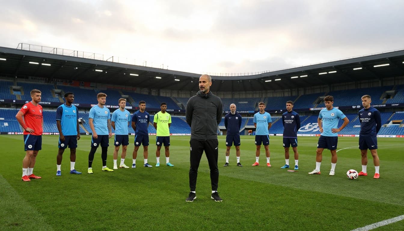 Pep Guardiola stands on a stadium pitch coaching a diverse group of professional football players during sunset.
