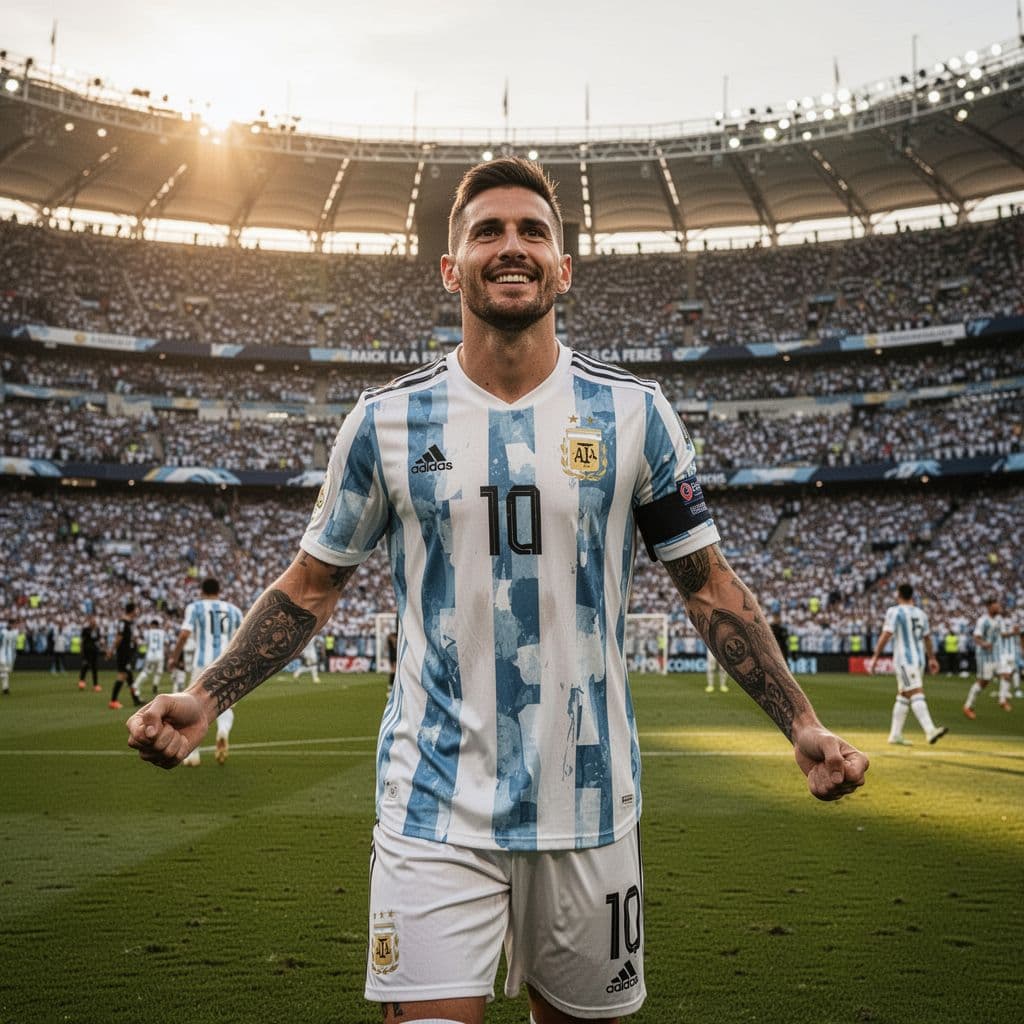 Seorang pemain sepak bola Argentina dengan seragam biru putih mengepalkan tangan merayakan gol di lapangan hijau. Latar belakang tribun penonton yang ramai terfokus lembut di bawah sinar matahari sore yang hangat.
