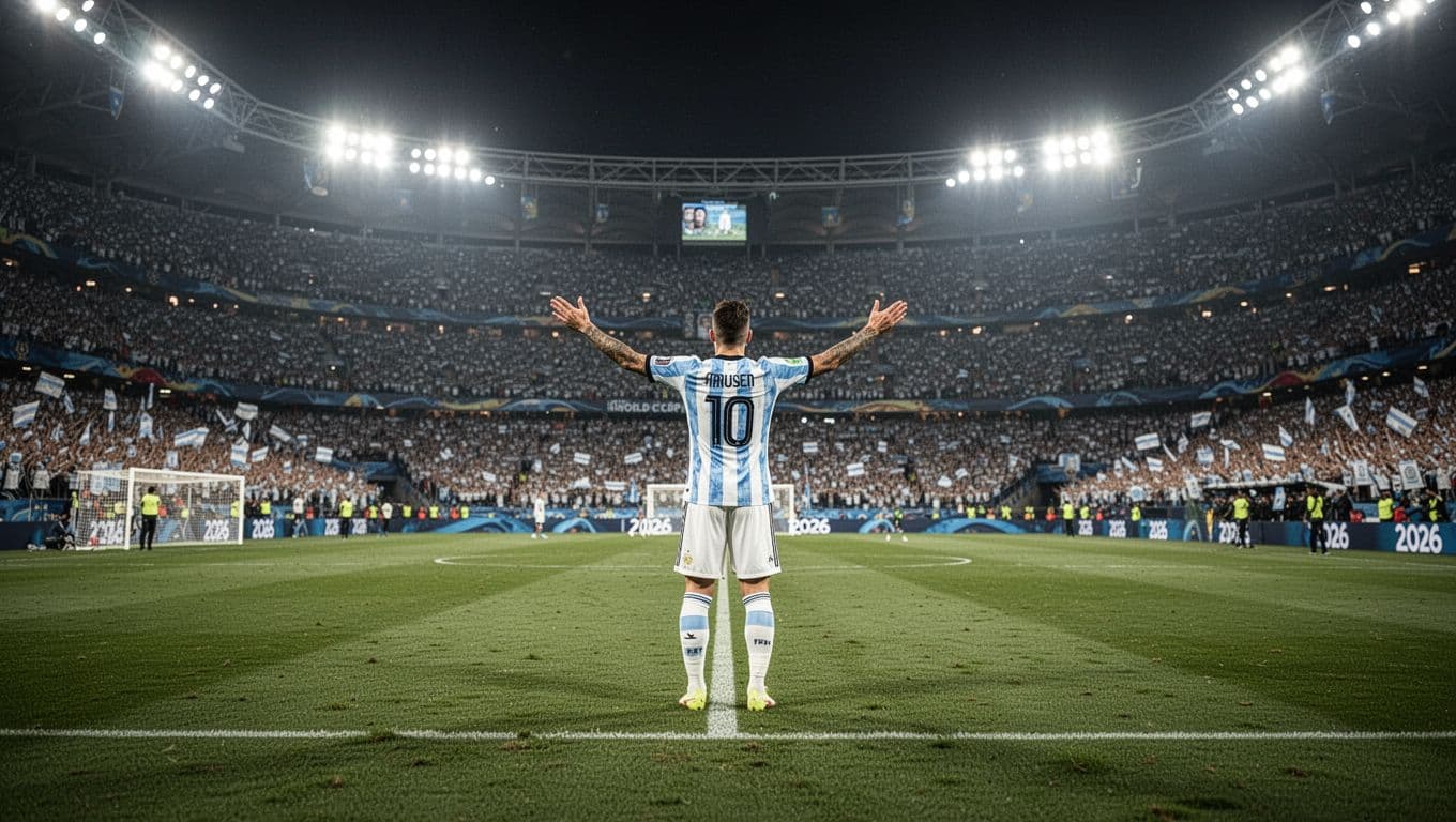Para pemain Argentina merayakan gol di tengah lapangan stadion besar saat pertandingan malam hari. Lampu sorot terang menerangi lapangan hijau sementara para pemain berlari kegirangan di bawah sorotan lampu stadion.