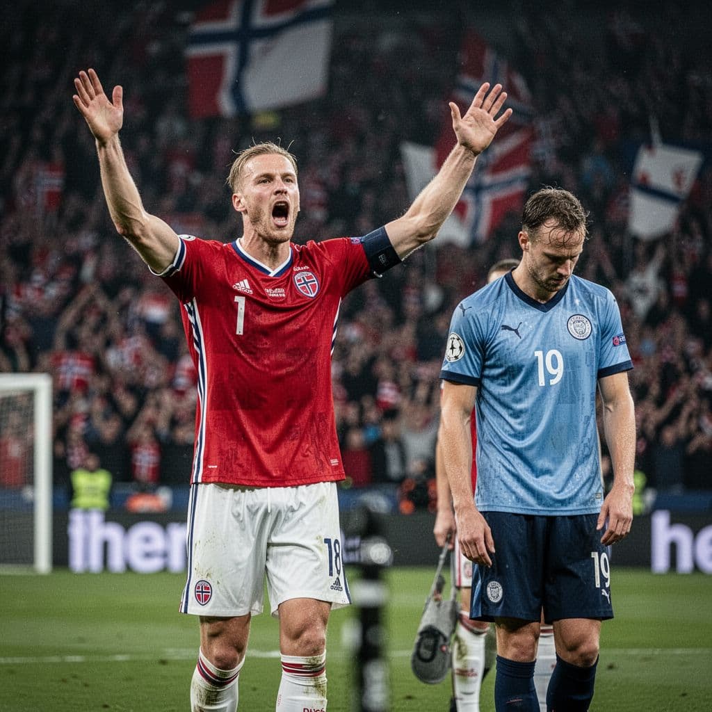 Seorang pemain sepak bola Norwegia dengan seragam nasional berlari merayakan gol kemenangan di lapangan rumput hijau. Di latar belakang, seorang pemain lawan yang kecewa berdiri tertunduk lesu di bawah cahaya stadion.