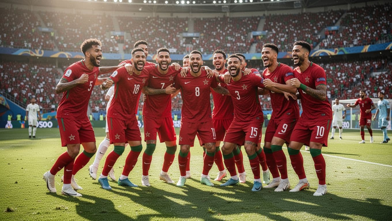 Para pemain sepak bola tim nasional Maroko berlari bersama di tengah lapangan hijau stadion yang cerah. Ekspresi kegembiraan terlihat jelas saat mereka merayakan momen gol penting dengan semangat kolektif yang tinggi.