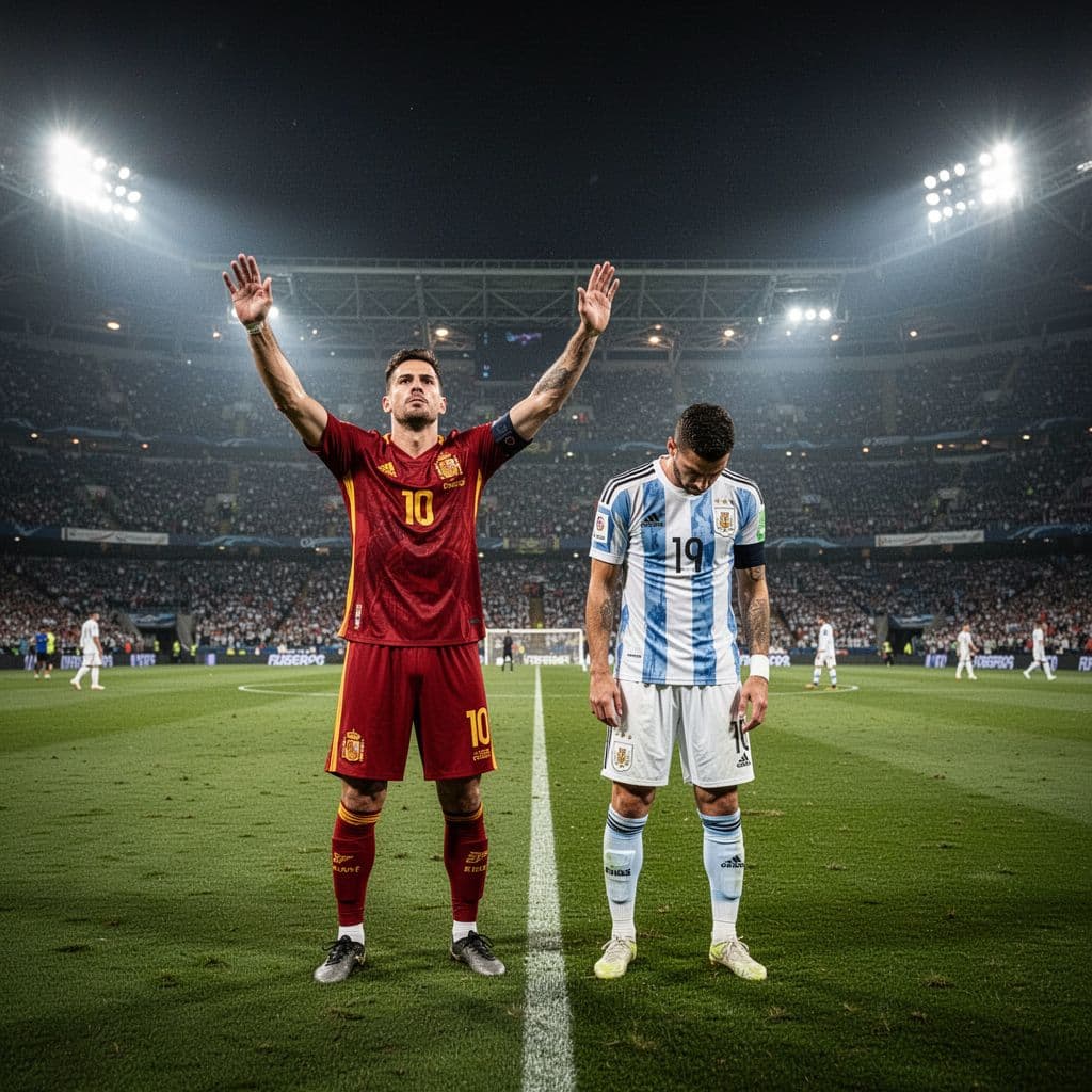 Pemain tim Spanyol merayakan kemenangan dramatis di tengah lapangan hijau pada malam hari, sementara pemain Uruguay tertunduk lesu di latar belakang dengan pencahayaan stadion yang sangat kontras dan terang.